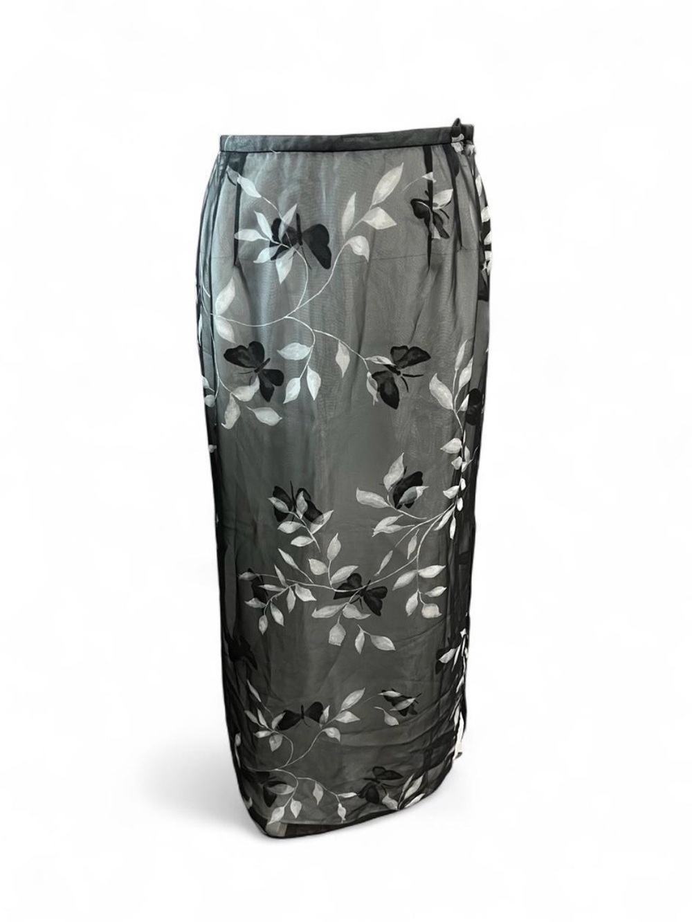 90s Elegant Black Floral Sheer Maxi Skirt